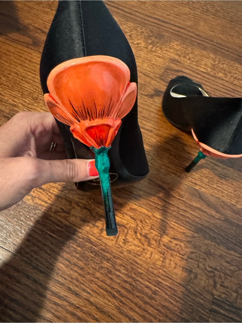 Vintage Prada Linea Rossa Black Satin Peep-Toe Pumps - Hand Painted Tulip Heel - Picture 4 of 11